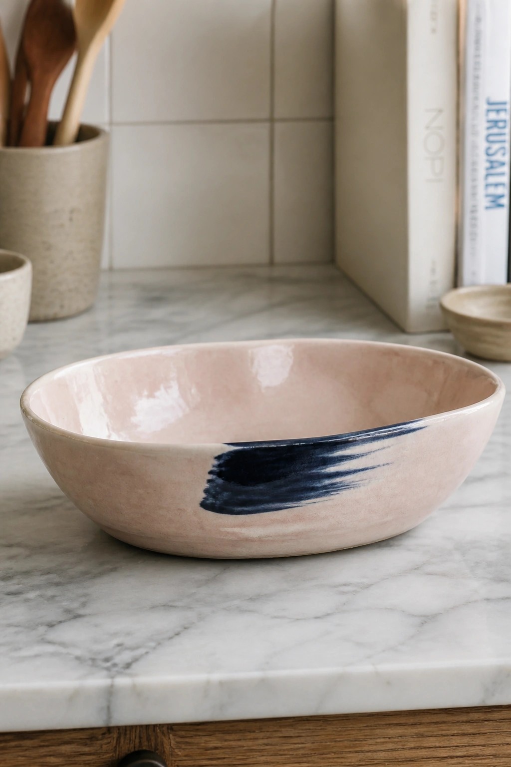 Pink ceramic bowl with dark blue brushstroke on marble countertop