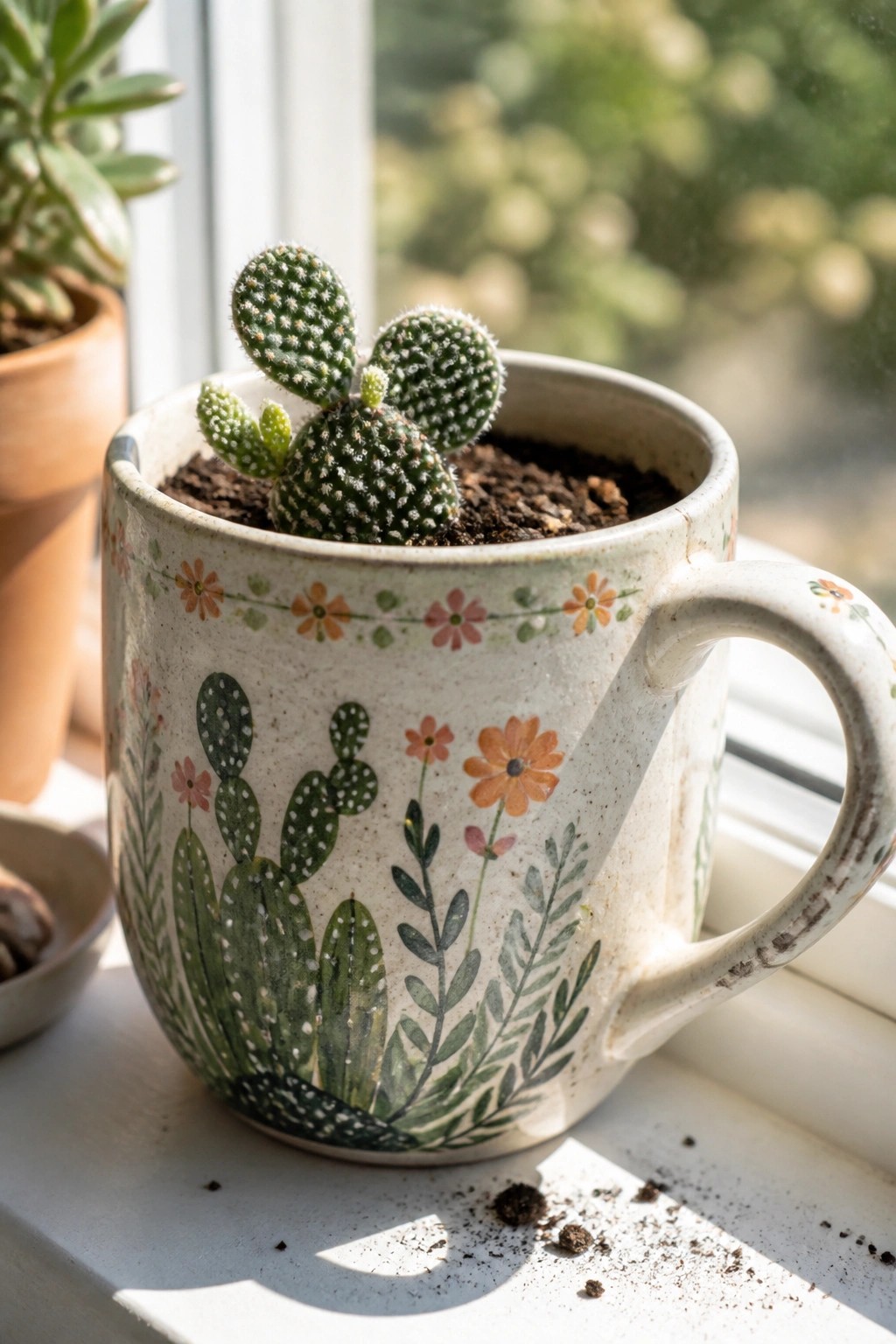 Small cactus growing in floral ceramic mug on sunlit windowsill