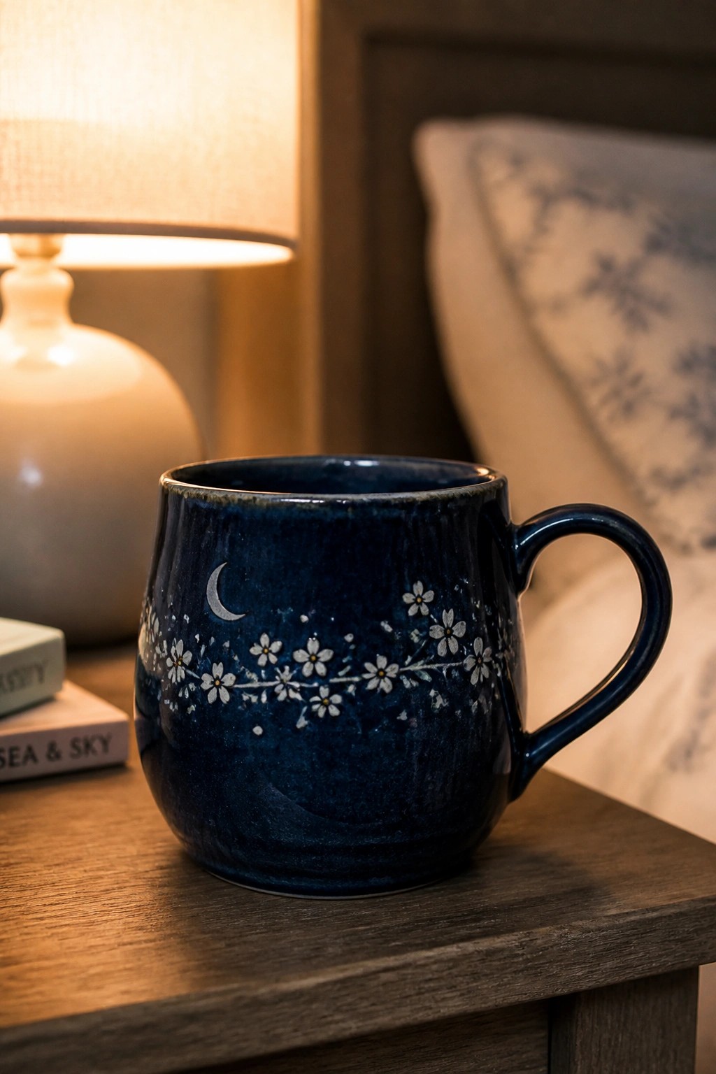 Blue mug with moon and flowers on wooden nightstand near glowing lamp