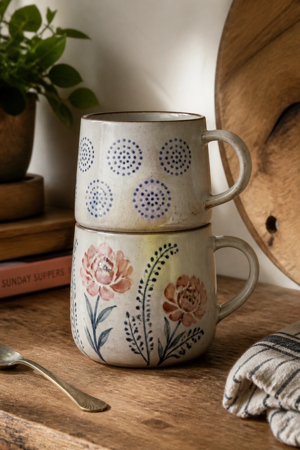 Stacked ceramic mugs with blue dots and pink florals on a wooden table