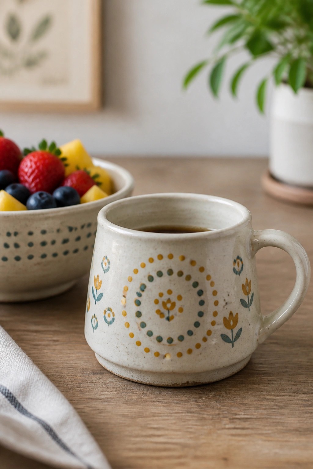 Ceramic mug with yellow and teal floral patterns beside bowl of fresh fruit