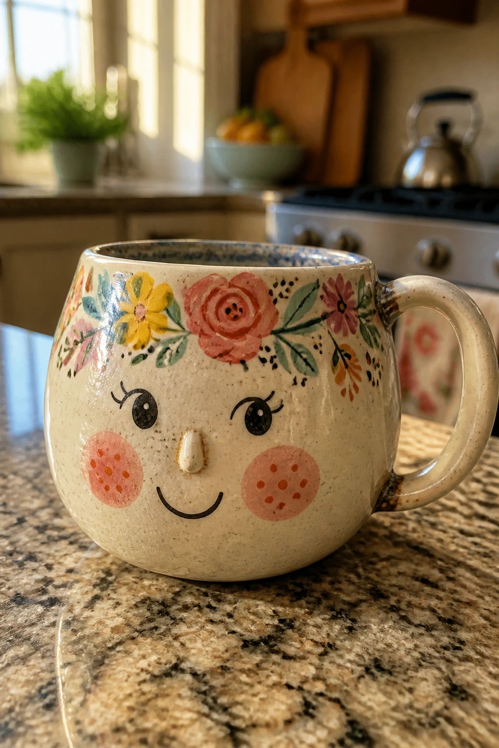Whimsical ceramic mug with smiling face, pink cheeks, and floral wreath on granite counter
