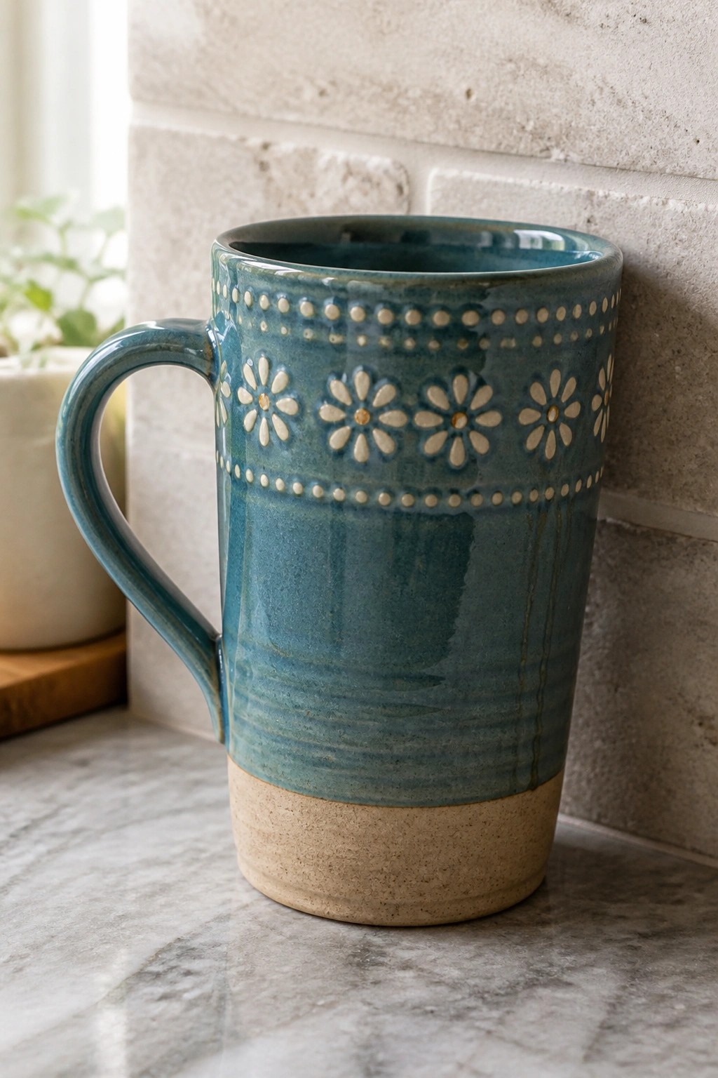 Blue ceramic mug with daisy patterns on marble counter against brick wall