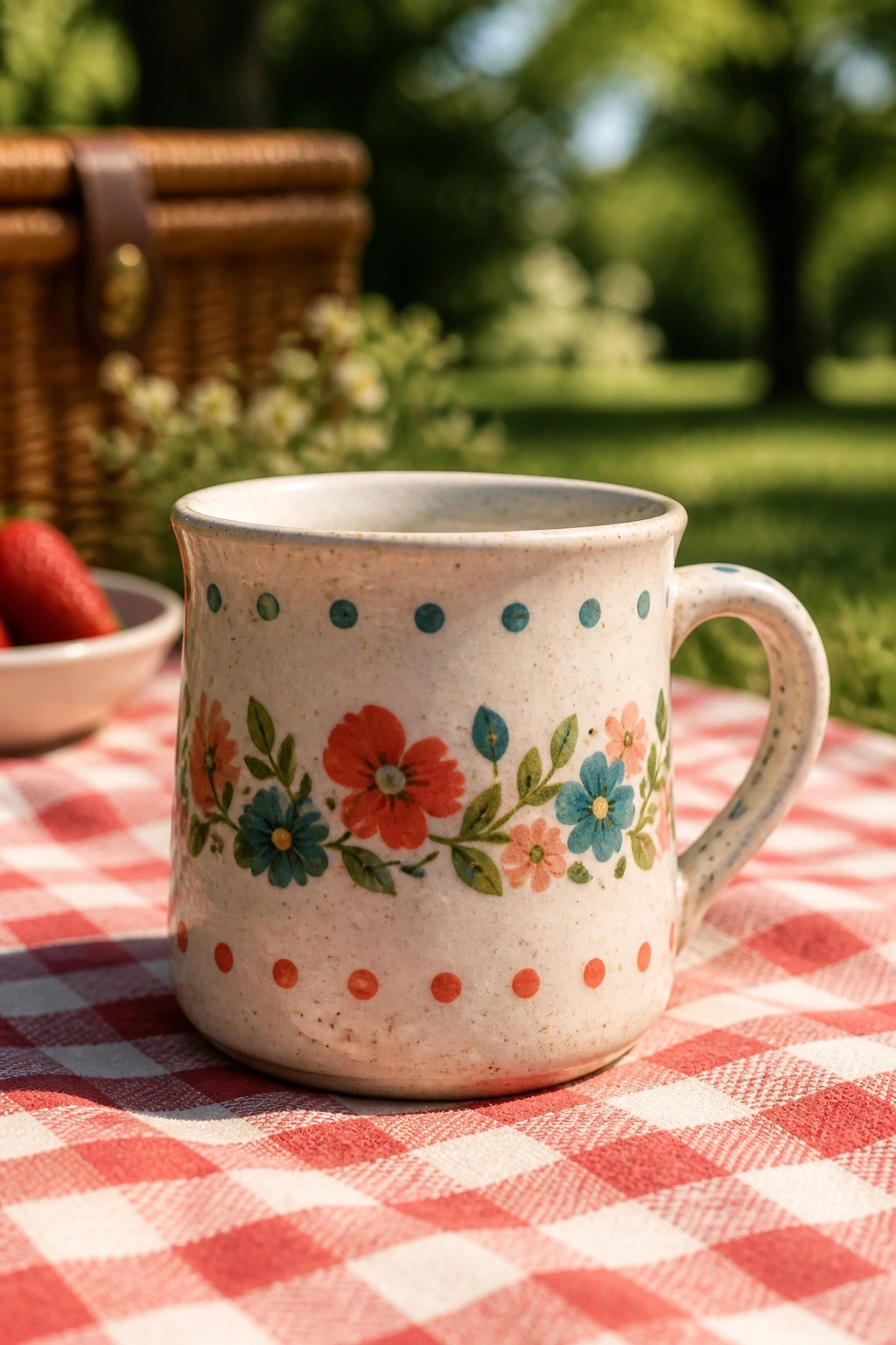 White speckled mug with red and blue flowers on red checkered tablecloth