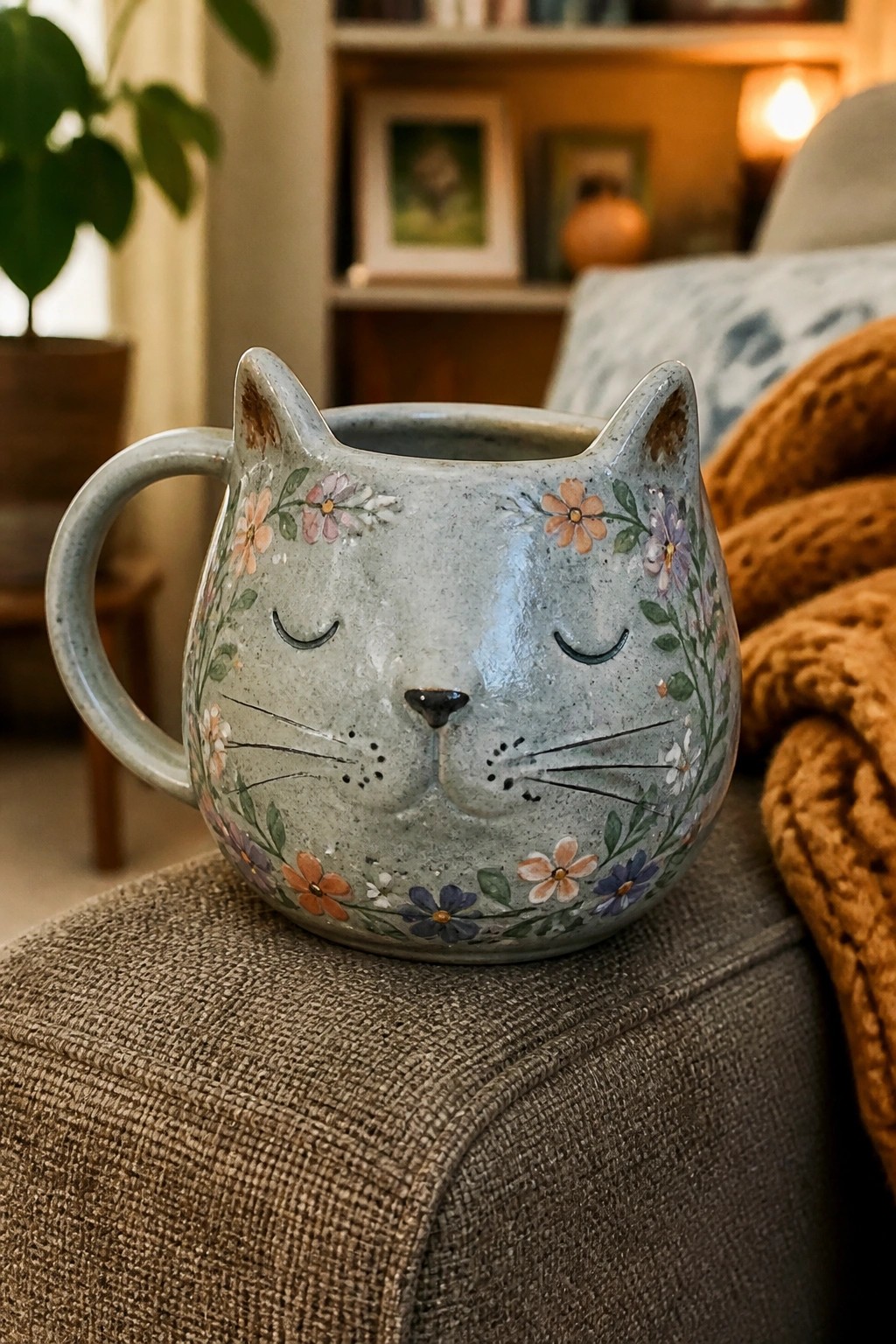 Cat-shaped ceramic mug with colorful floral patterns on brown woven fabric