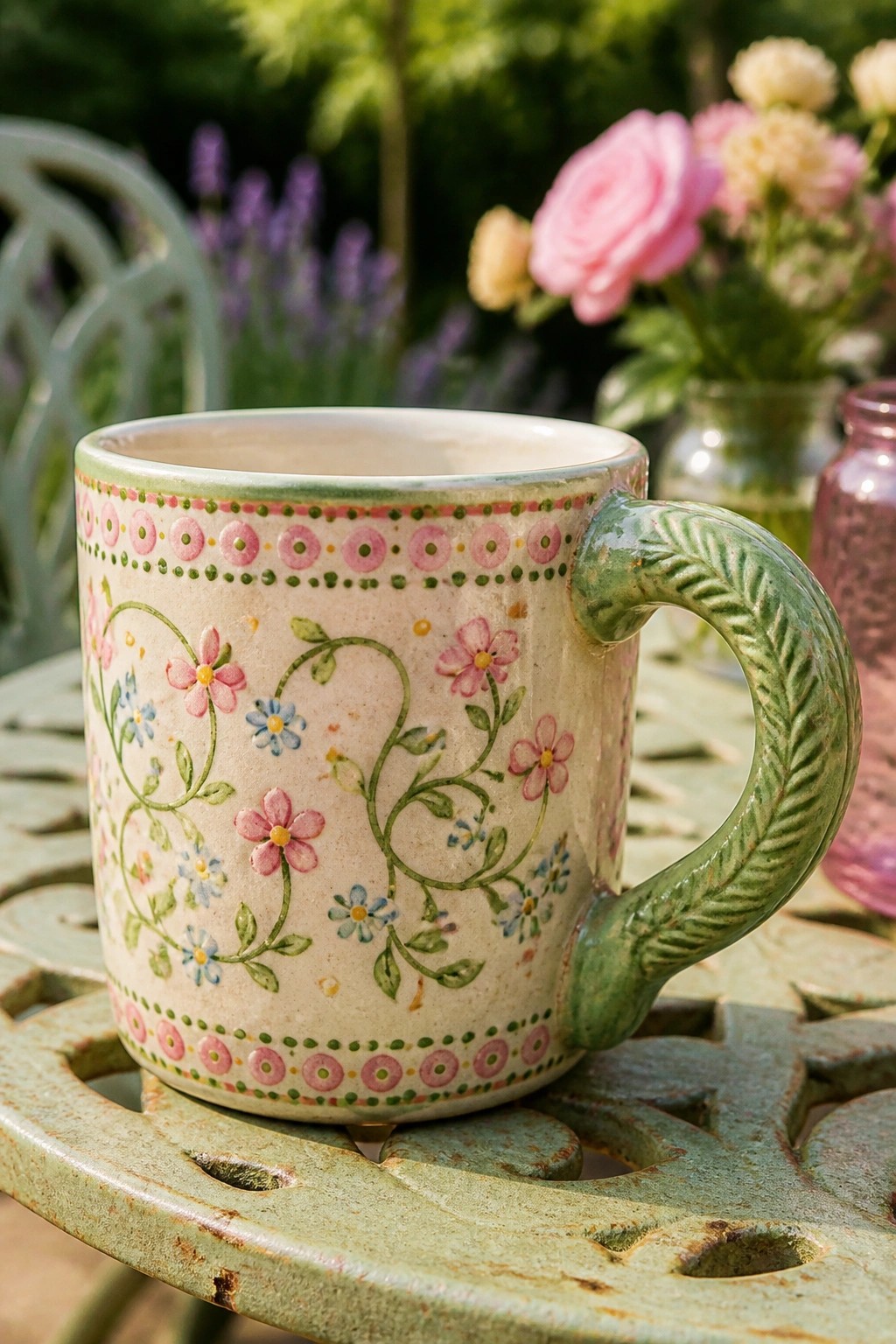 Floral ceramic mug with pink flowers on weathered green garden table