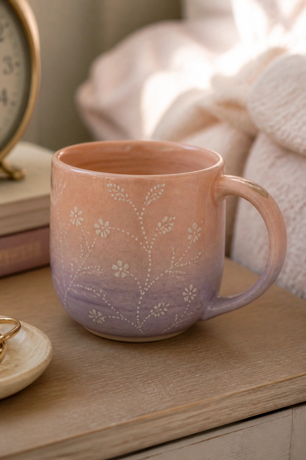 Pink-purple ombre ceramic mug with white floral design on wooden table