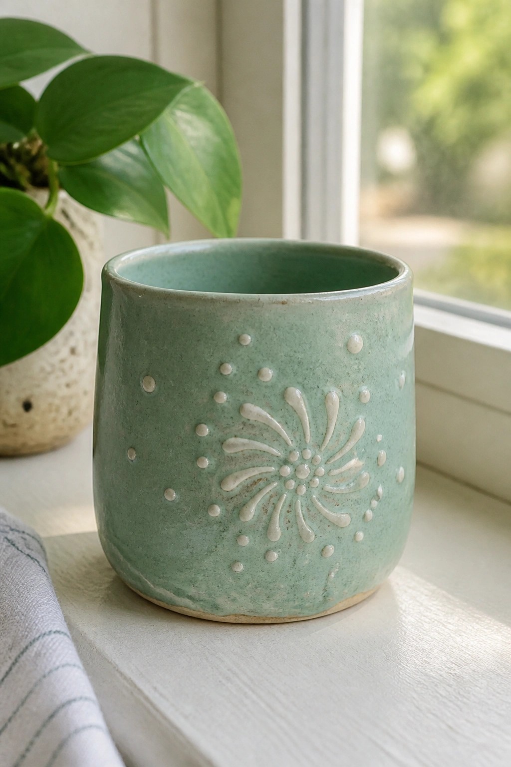 Mint green ceramic cup with embossed flower on white windowsill by plant