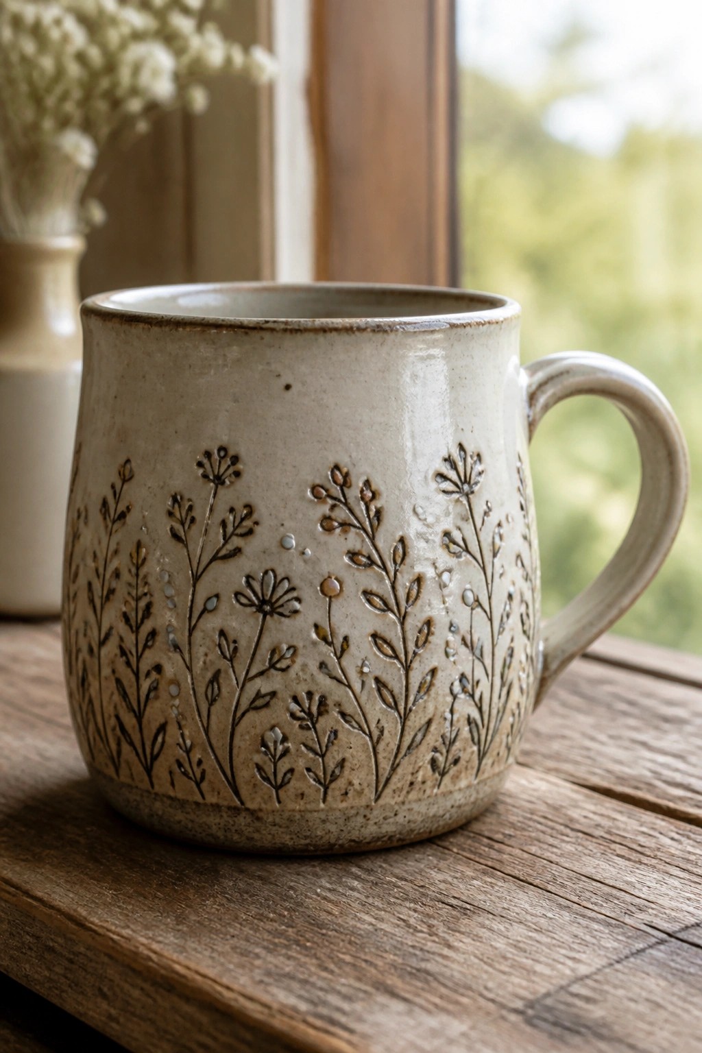 Ceramic mug with embossed wildflowers on a wooden windowsill in soft light