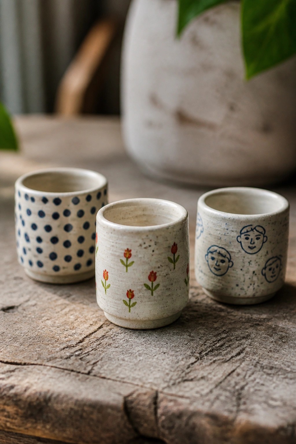 Three ceramic cups with blue dots, red flowers, and face drawings on wood