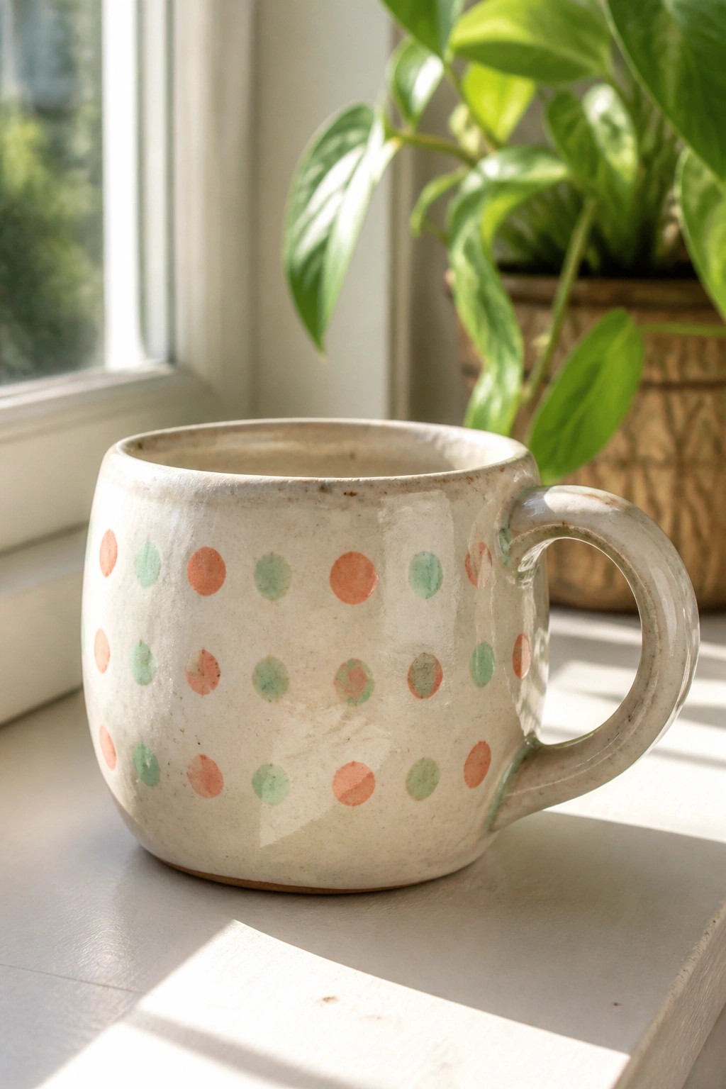 Speckled ceramic mug with orange and green polka dots on a sunny windowsill.