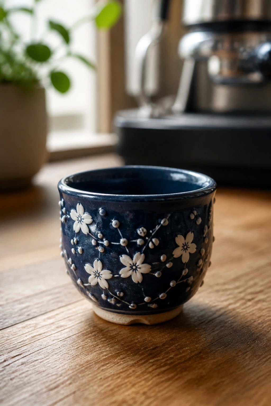 Dark blue ceramic cup with white cherry blossoms on wooden table