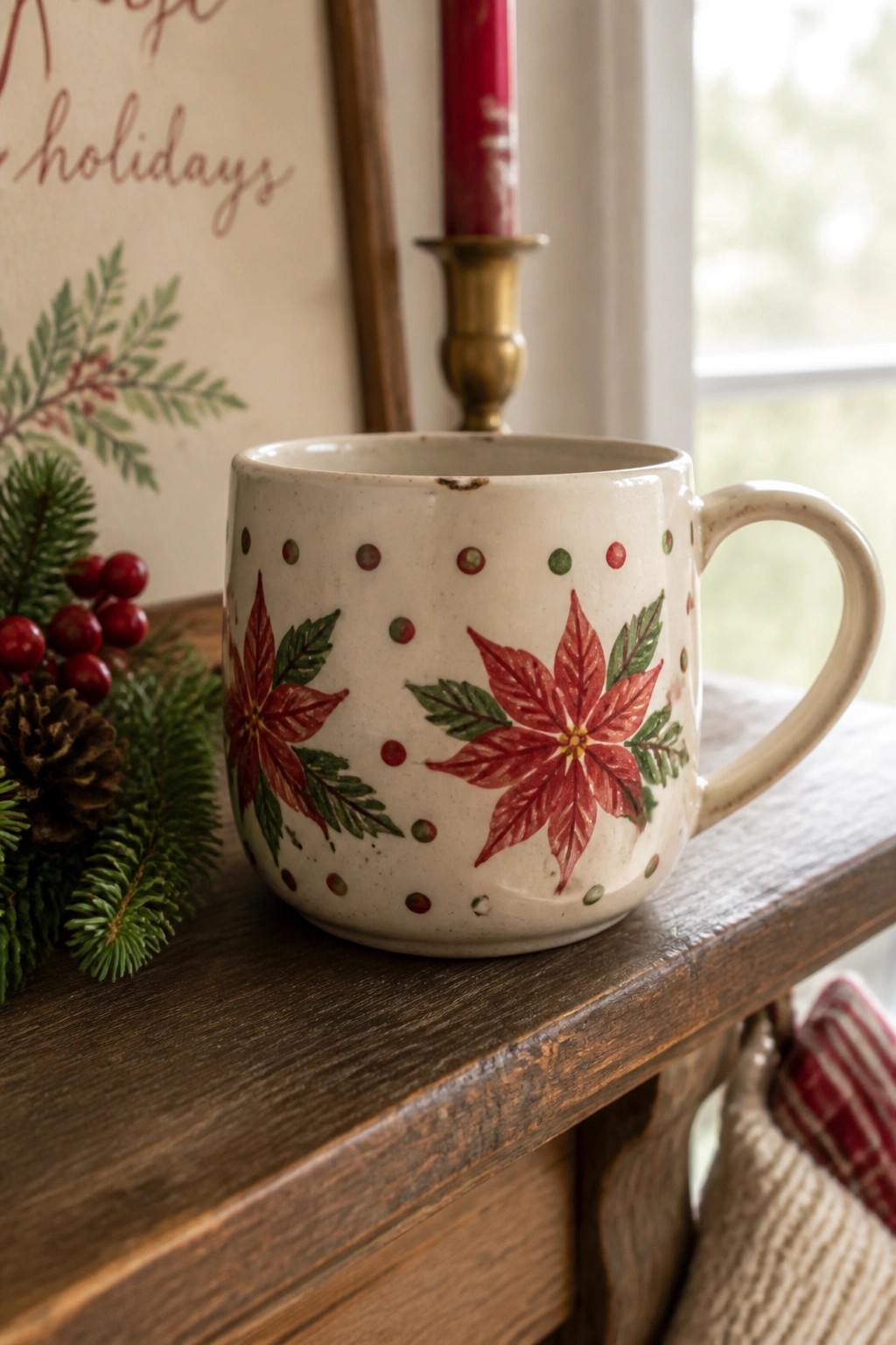 A white ceramic mug with red poinsettia flowers, green leaves, and red and green dots rests on a wooden surface beside pine branches and a red candle.