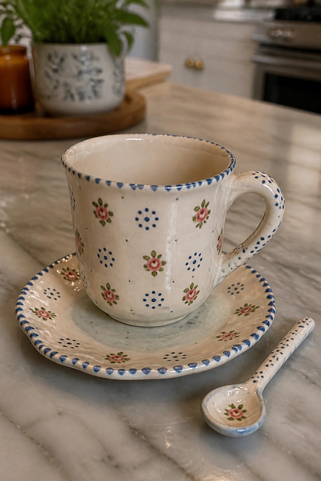 Floral ceramic teacup on saucer with matching spoon on marble countertop