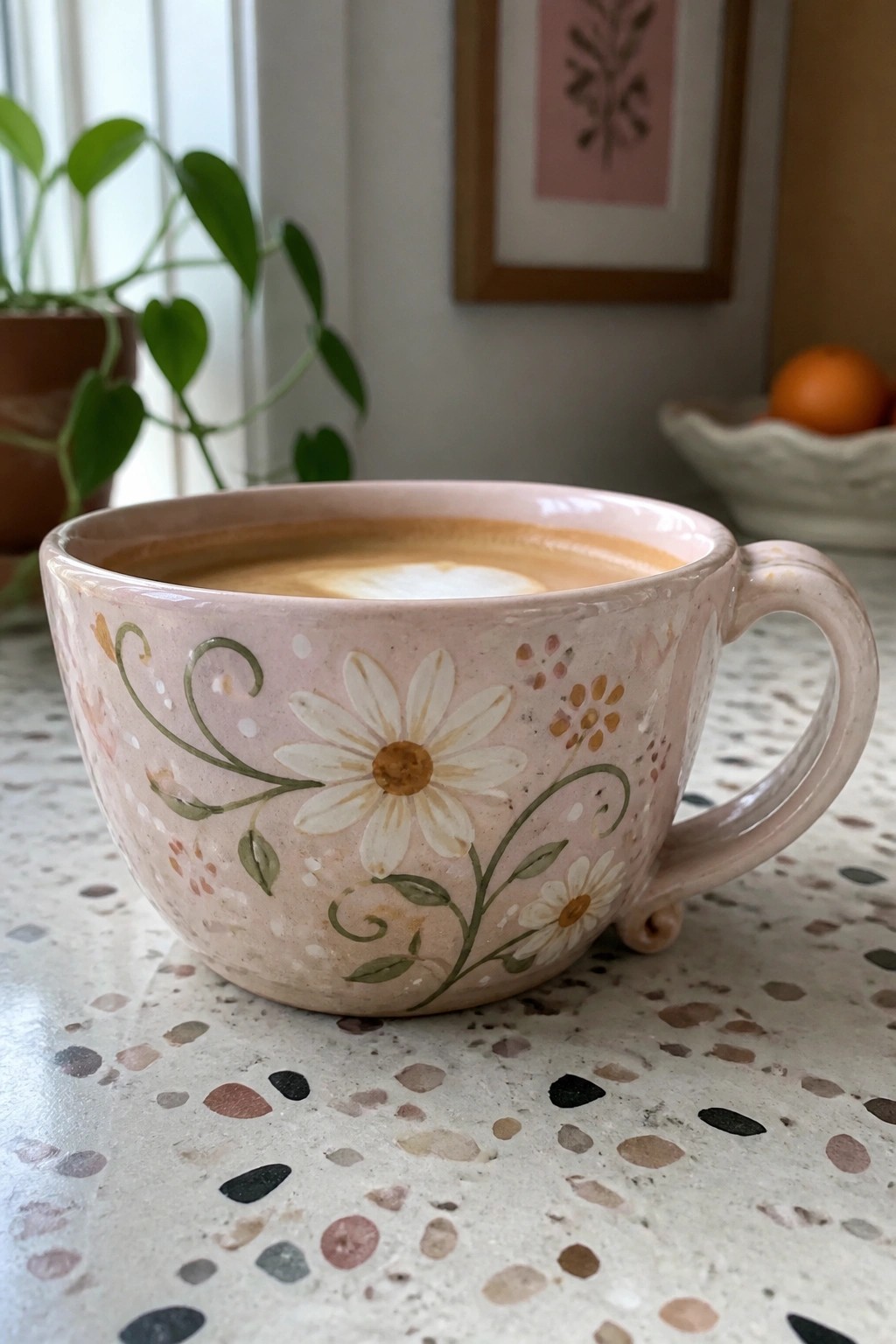 Pink daisy mug with latte on speckled terrazzo countertop
