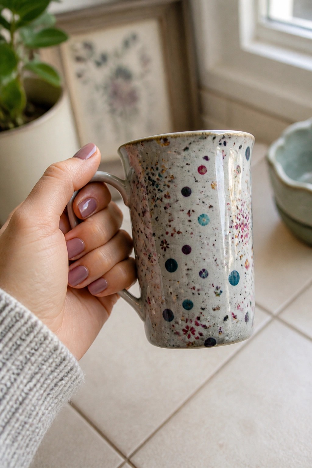 Hand with mauve nails gripping speckled floral ceramic mug in kitchen