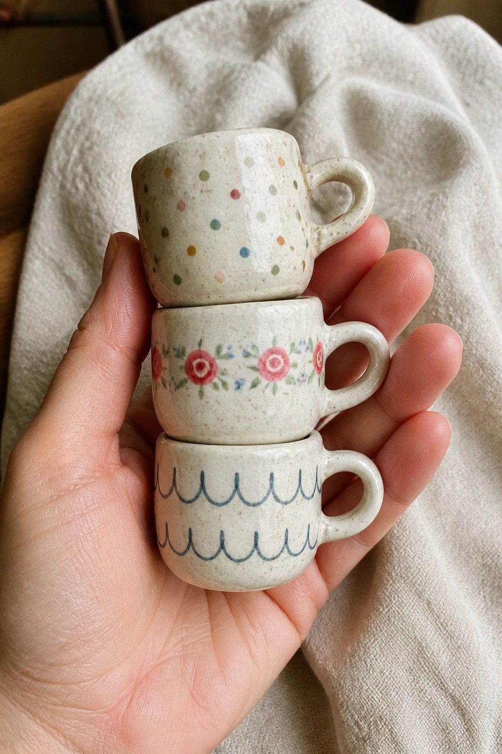 Hand holding three stacked speckled ceramic cups with dots, florals, and waves