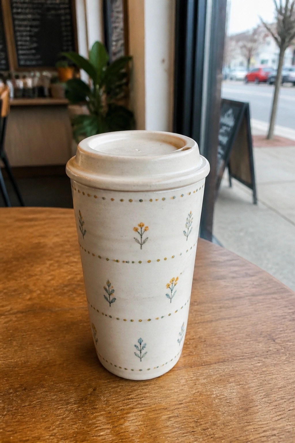 White ceramic travel mug with floral patterns on wooden cafe table