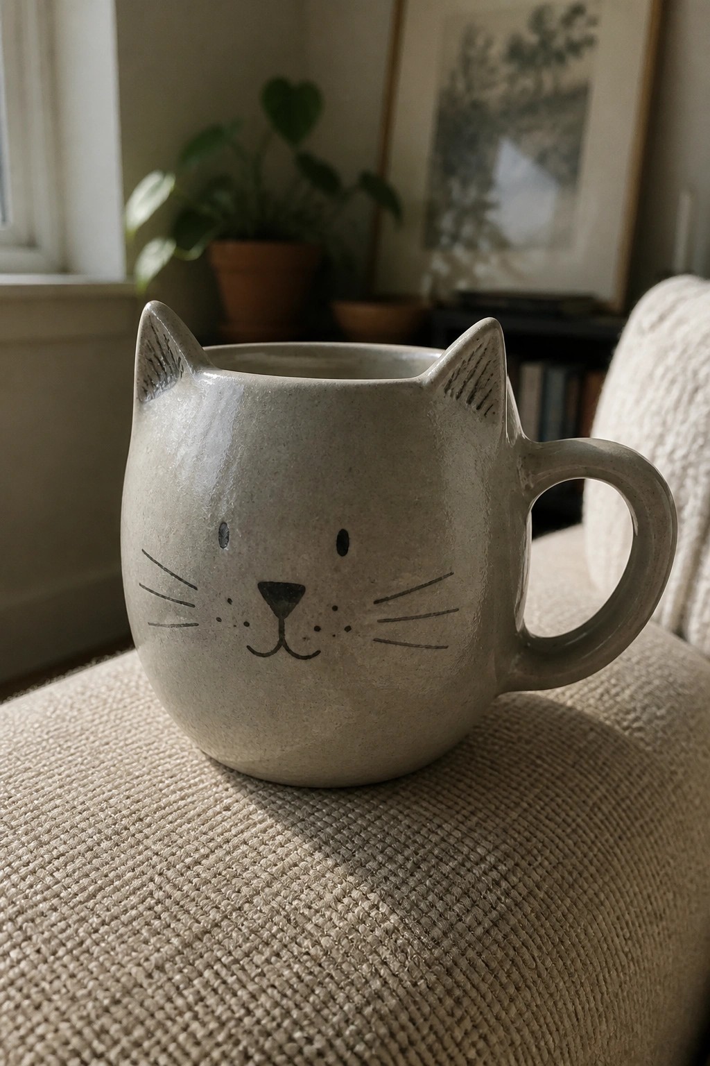 A light gray ceramic mug with cat ears and a painted face sits on a woven fabric surface.