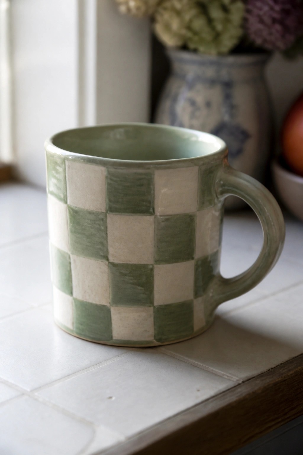 Green and white checkered ceramic mug on white tiled windowsill.