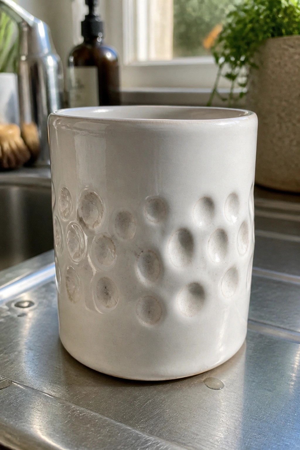 White ceramic cup with dimpled texture on stainless steel kitchen countertop