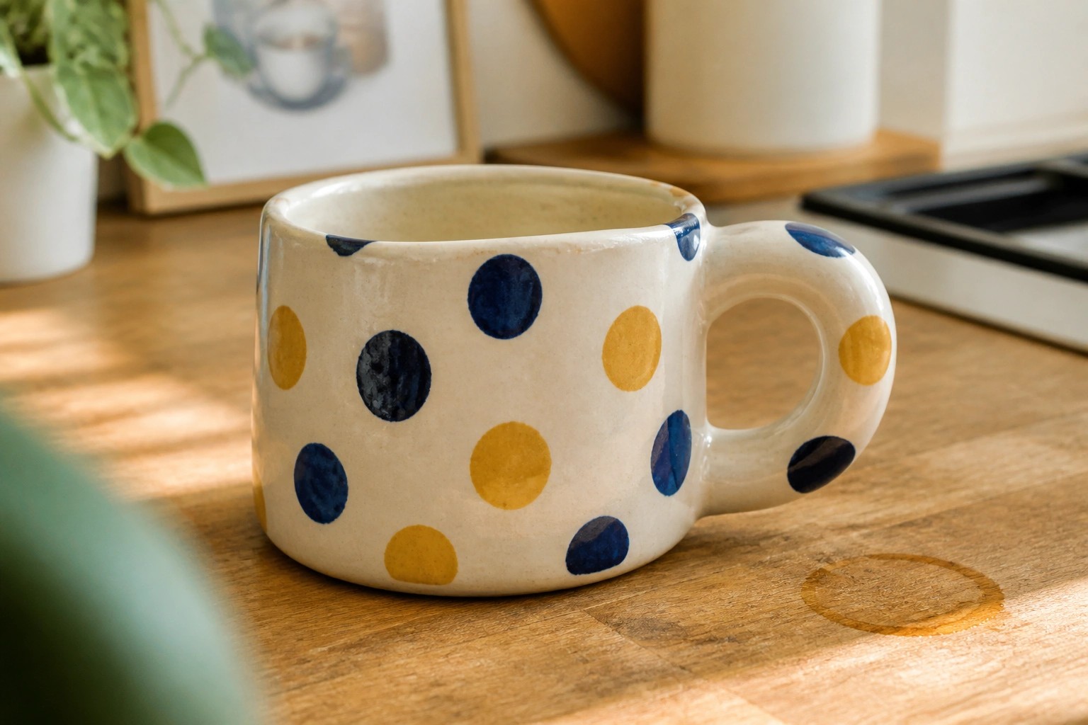 Blue and yellow polka dot mug on wooden table with coffee stain ring