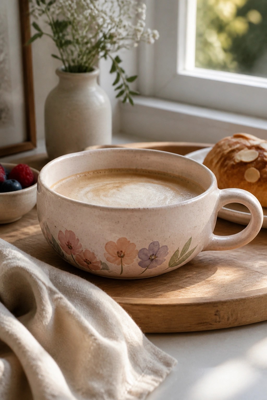 A light speckled ceramic mug with a band of painted pink, peach, and purple flowers sits on a wooden tray holding coffee.