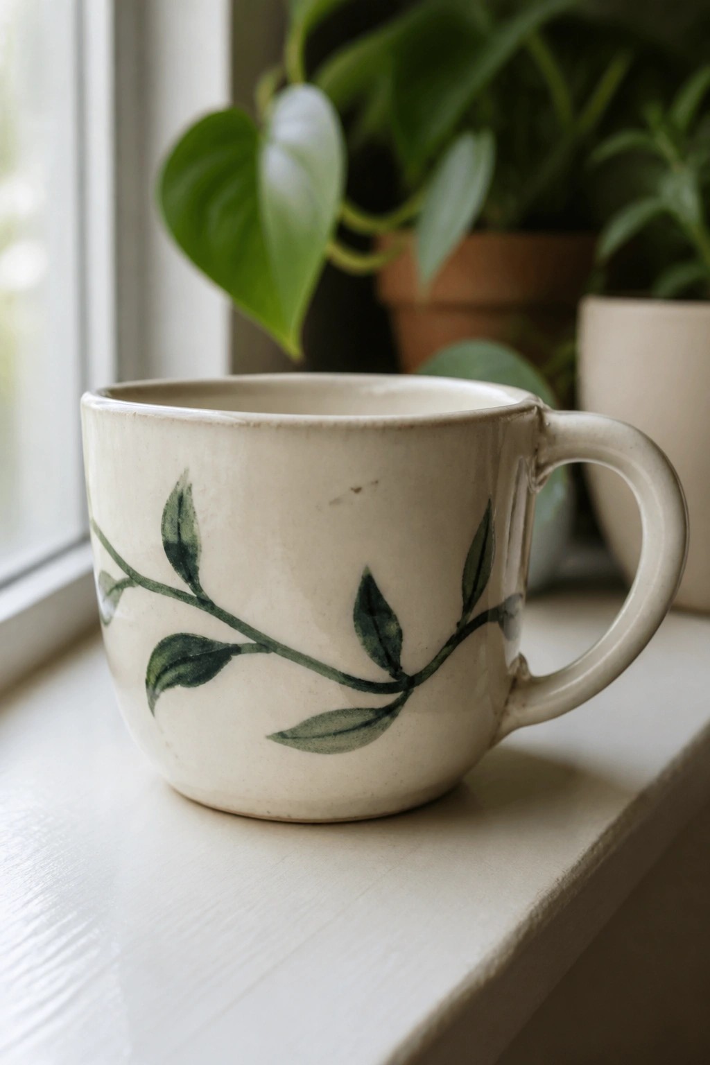 Creamy white ceramic mug with green leaf design on windowsill near plants