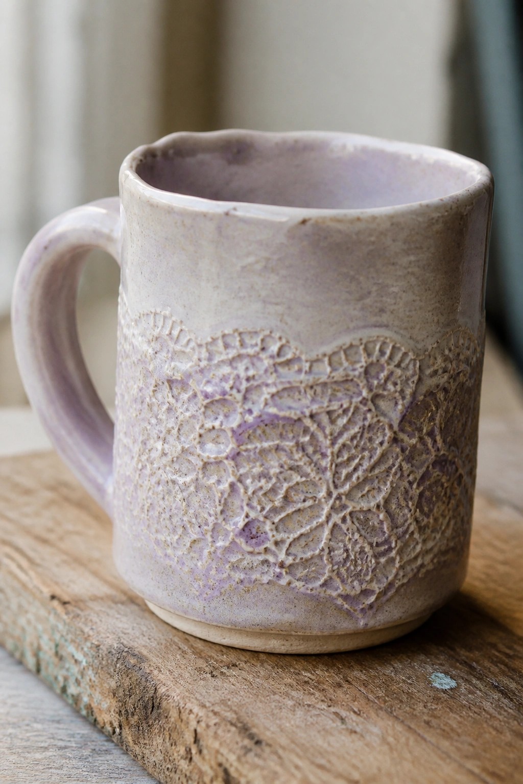 Light purple ceramic mug with delicate lace texture on rustic wood.