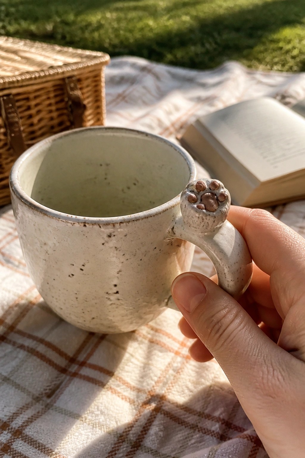 Hand holding speckled ceramic mug with paw handle on picnic blanket