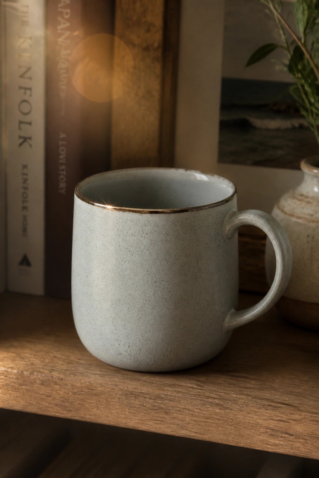 A light blue speckled ceramic mug with a brown rim sits on a wooden shelf next to books.