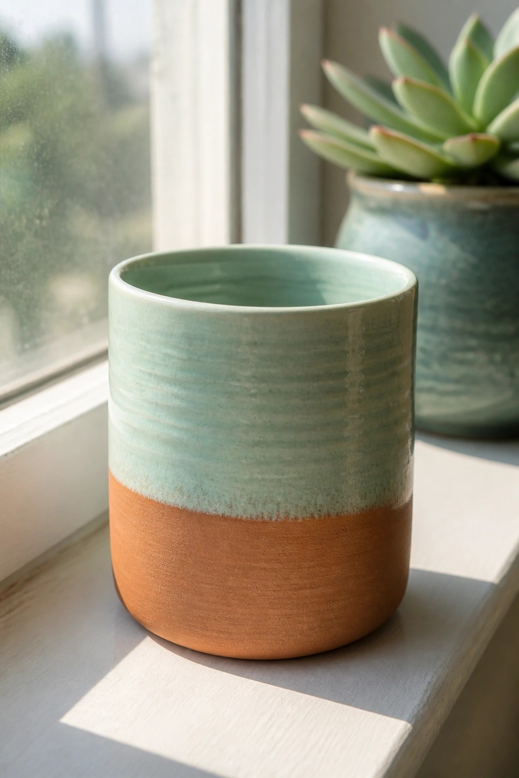 Two-toned ceramic pot with orange base and turquoise top on windowsill beside succulent