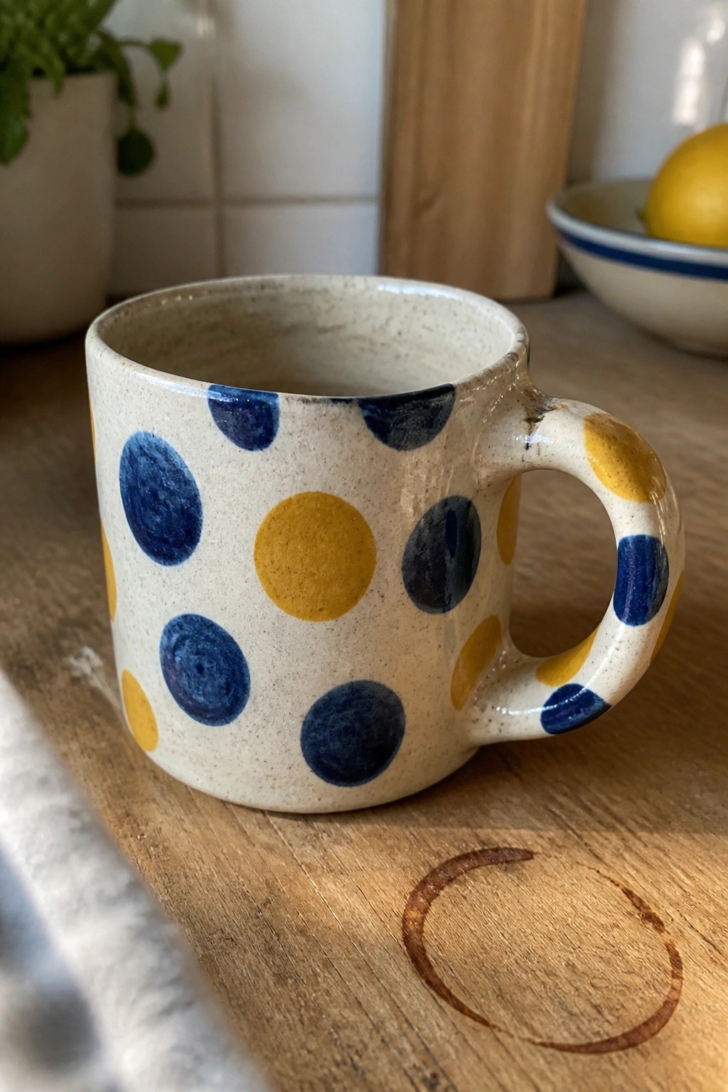 Blue and yellow polka dot mug on wooden table with coffee stain ring