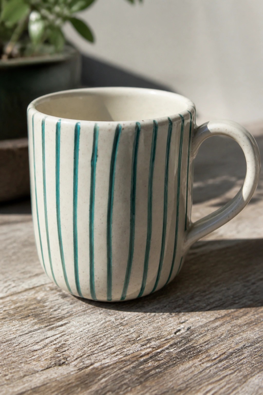 Beige ceramic mug with vertical teal stripes on wooden surface