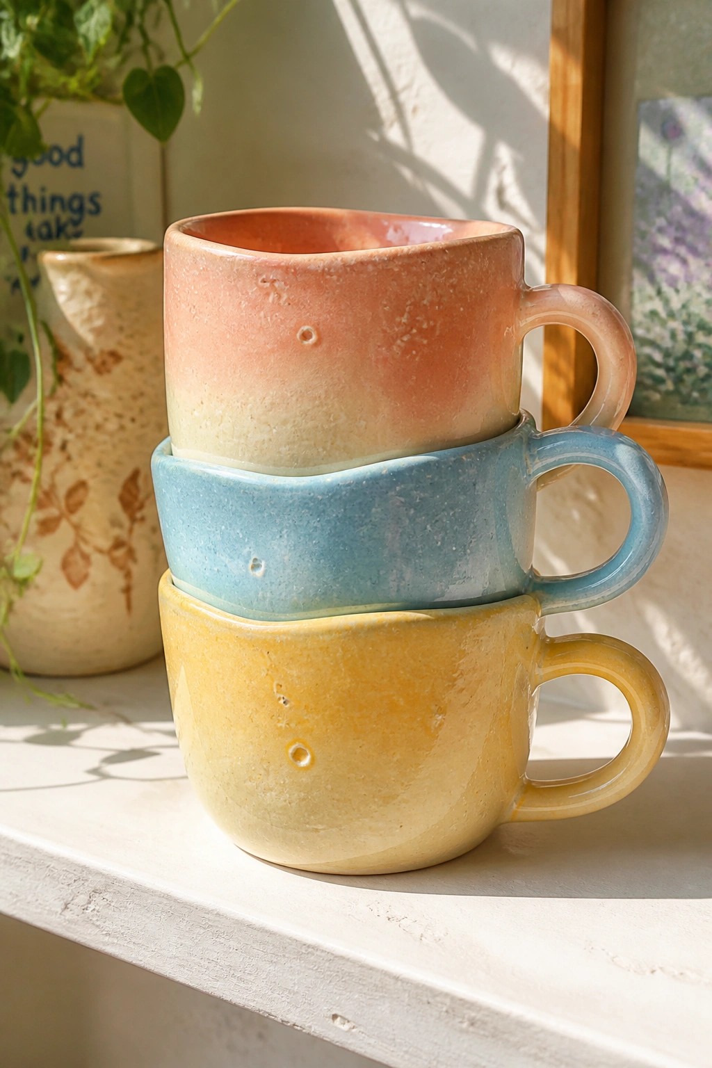 Three stacked ceramic mugs in peach, blue, and yellow on a sunny windowsill.