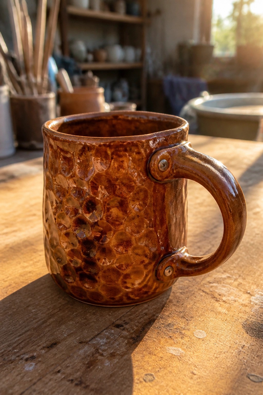 A brown textured ceramic mug with a handle attached by metal screws sits on a wooden table.