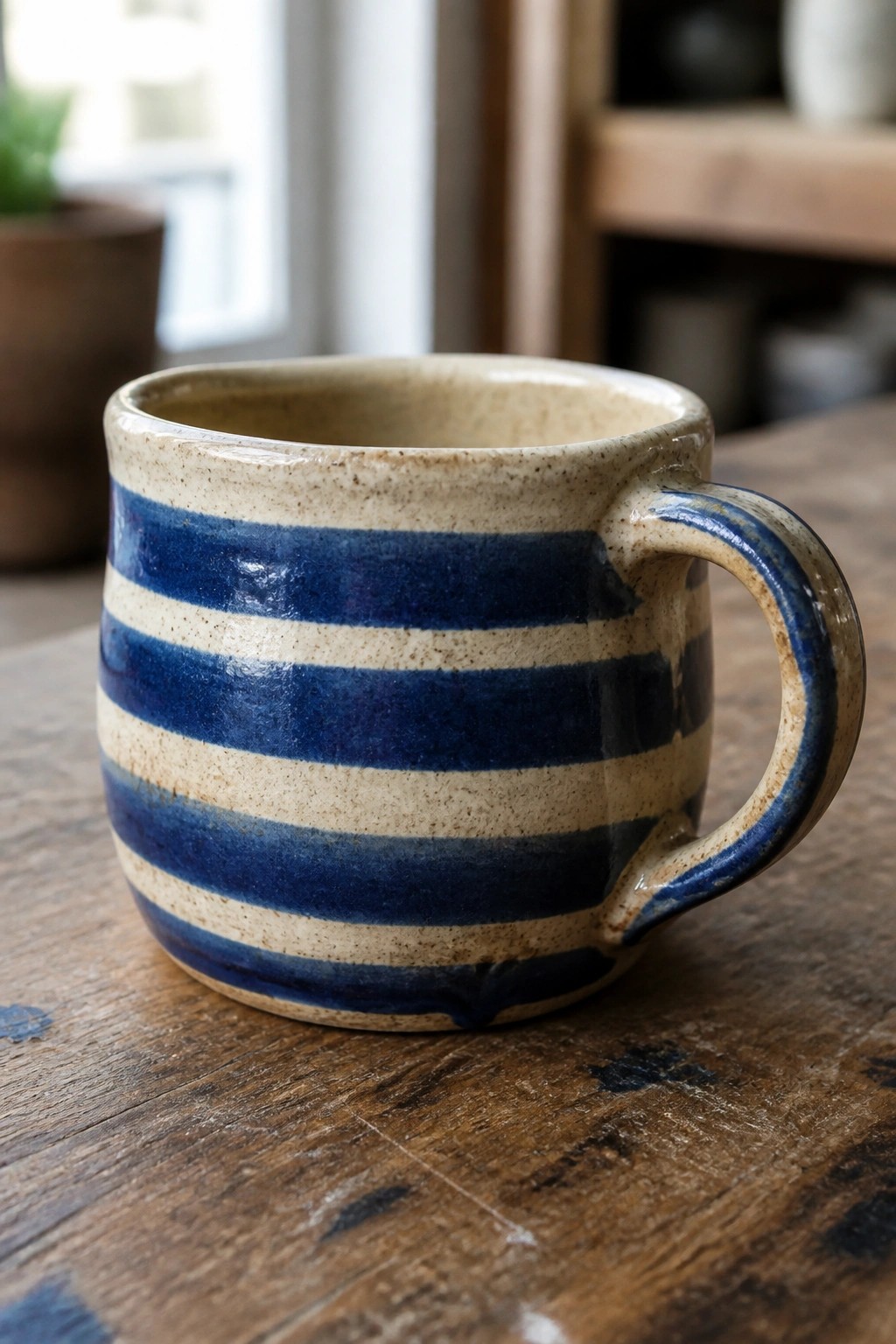 A ceramic mug with thick blue and beige horizontal stripes rests on a wooden surface.