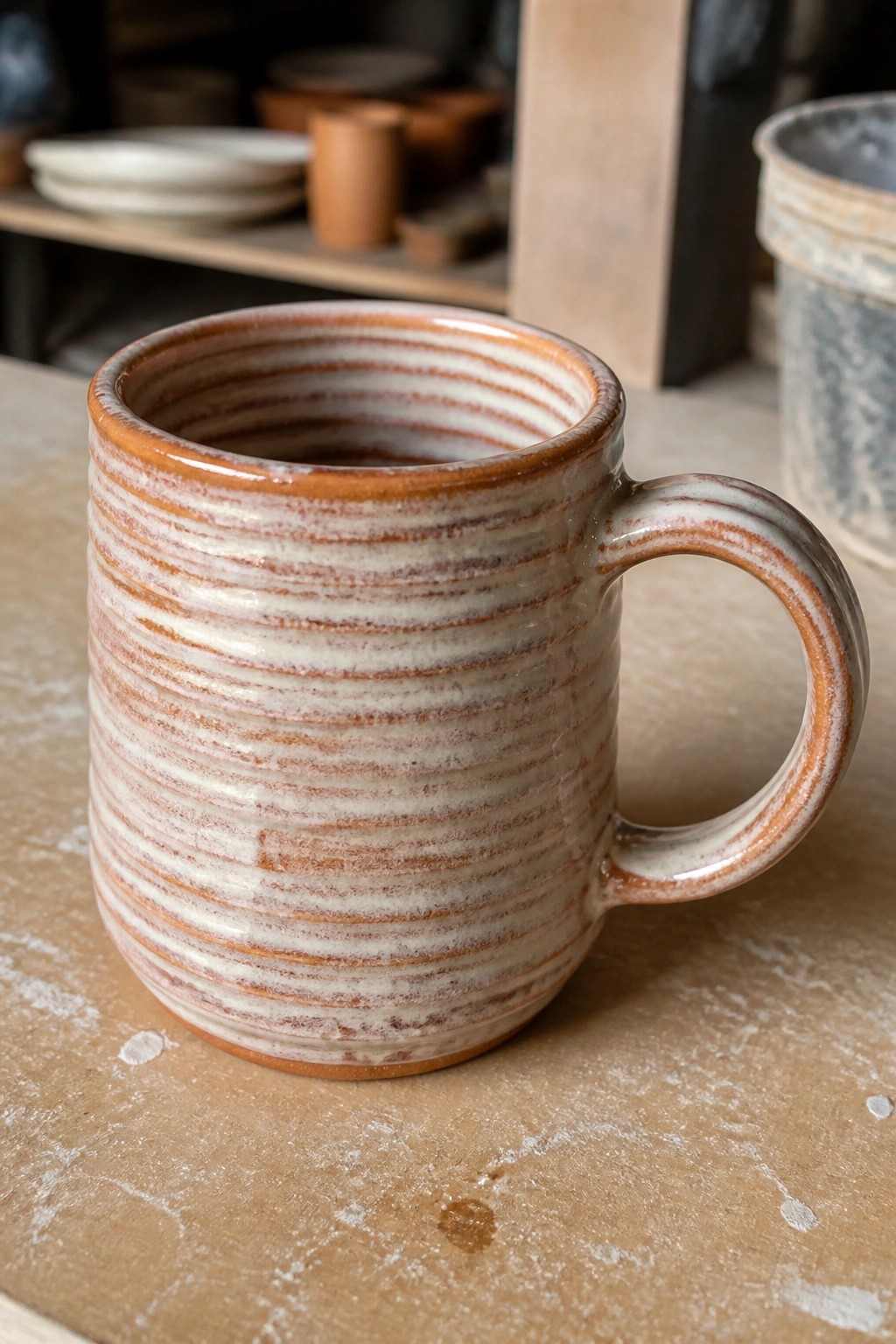 Striped brown and white ceramic mug with handle on wooden workshop table