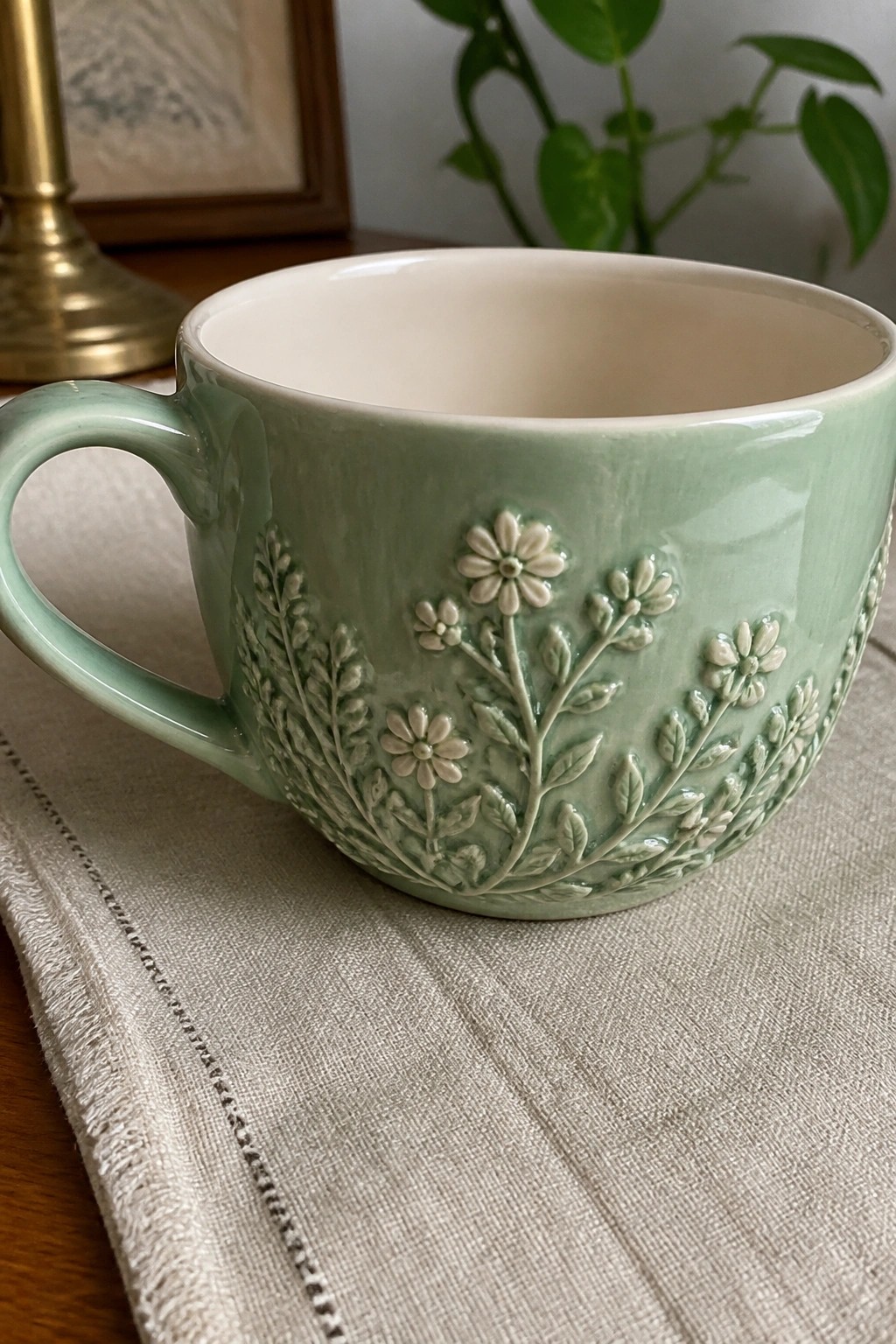Light green ceramic mug with embossed floral designs on beige linen.