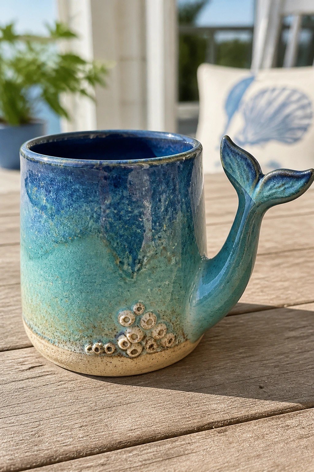 Blue turquoise whale-shaped ceramic mug with tail handle and barnacles on wood table