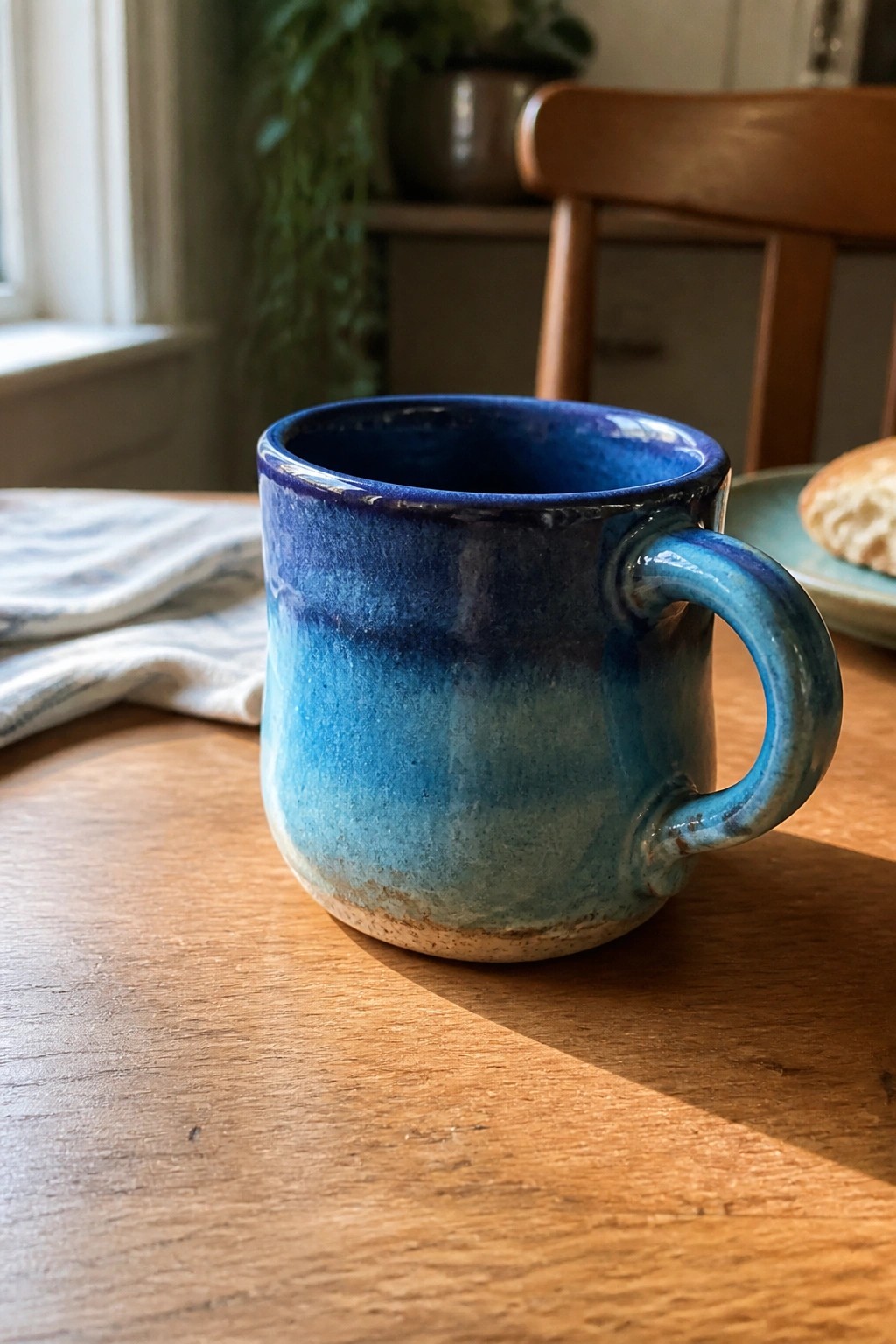 Blue ceramic mug on sunlit wooden table with blurred chair and plant behind.