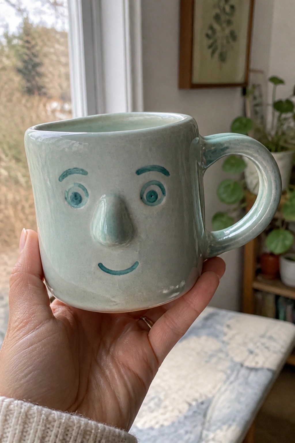 Hand holding light green ceramic mug with blue face design and smile