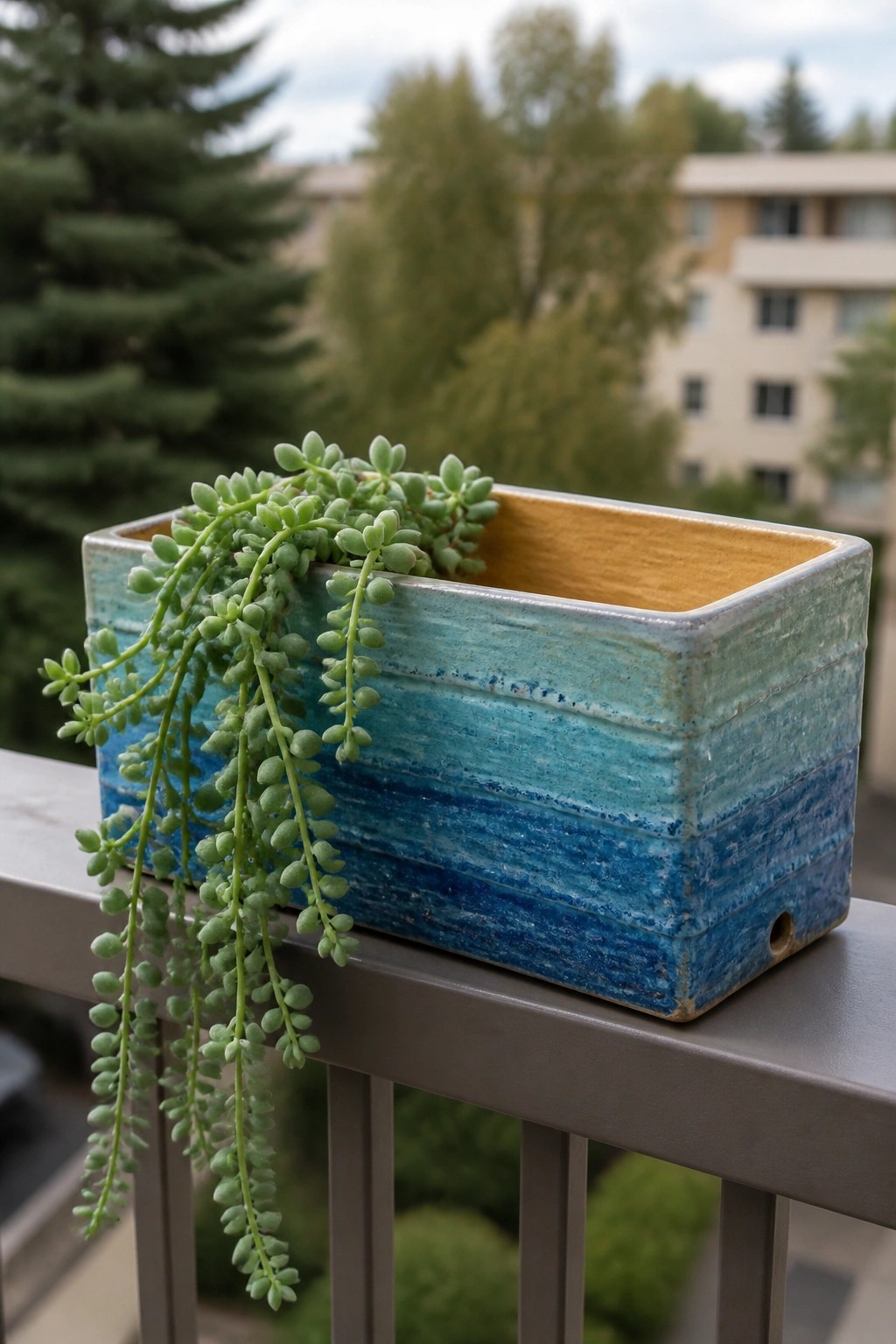 Blue ceramic planter with trailing succulent on balcony railing overlooking trees