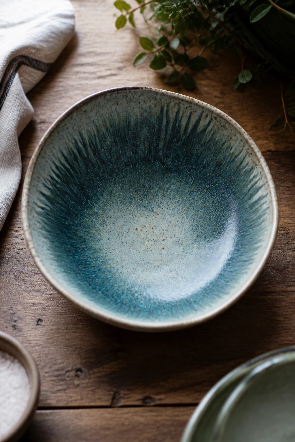 Blue speckled ceramic bowl on wooden table with linen napkin and herbs