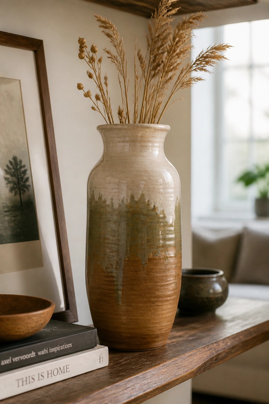 Beige and brown ceramic vase with dried grasses on wooden table