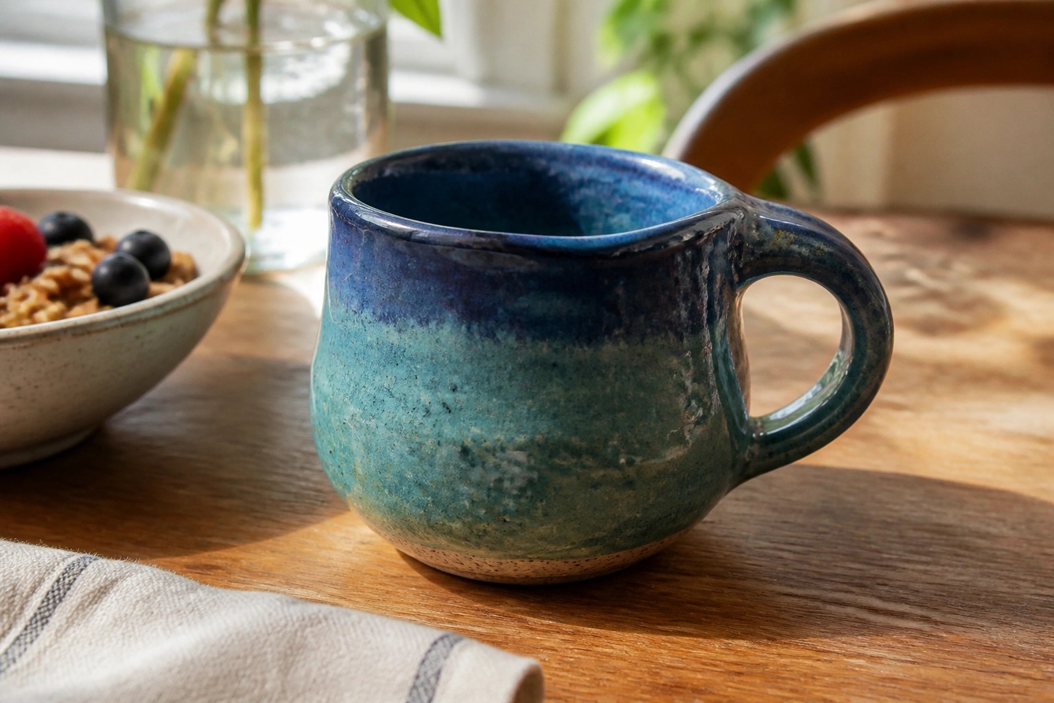 Blue ceramic mug on sunlit wooden table with blurred chair and plant behind.