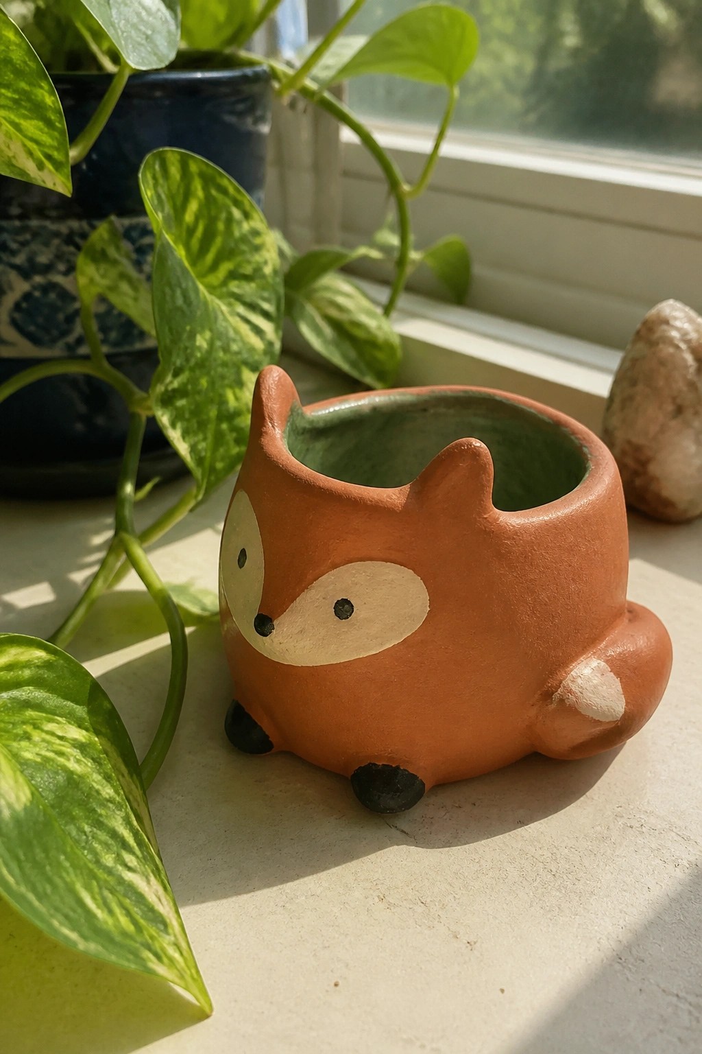 A small handmade clay fox-shaped planter with orange exterior, green interior, and painted facial details sits on a windowsill among houseplants.