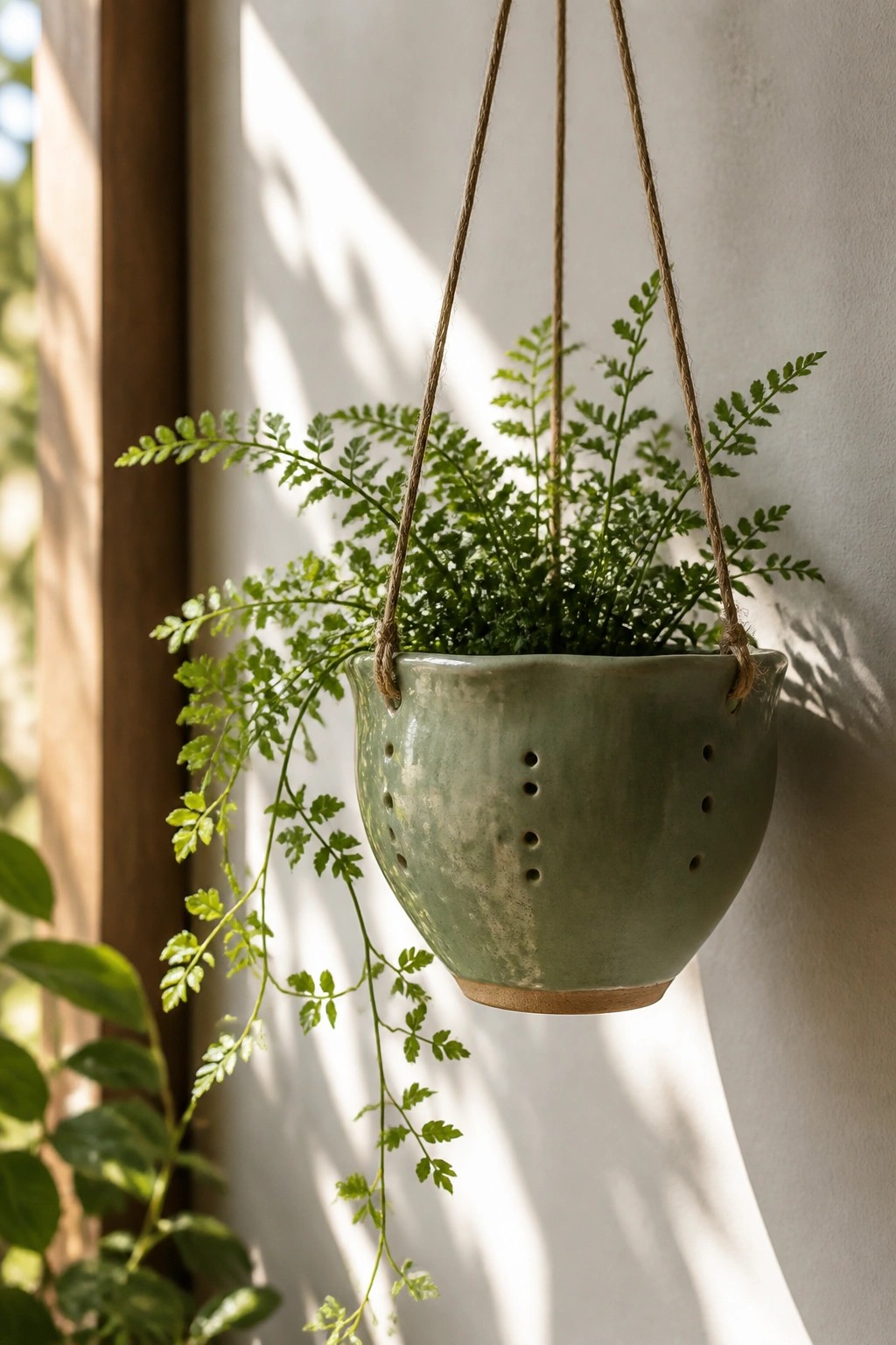 Hanging sage green ceramic pot with lush fern and trailing fronds in sunlight