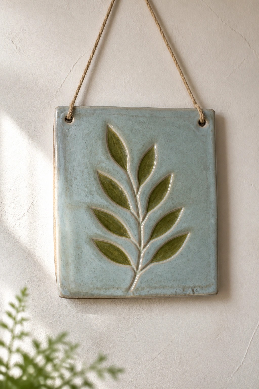 Light blue ceramic tile with green leaf relief hanging on wall by twine