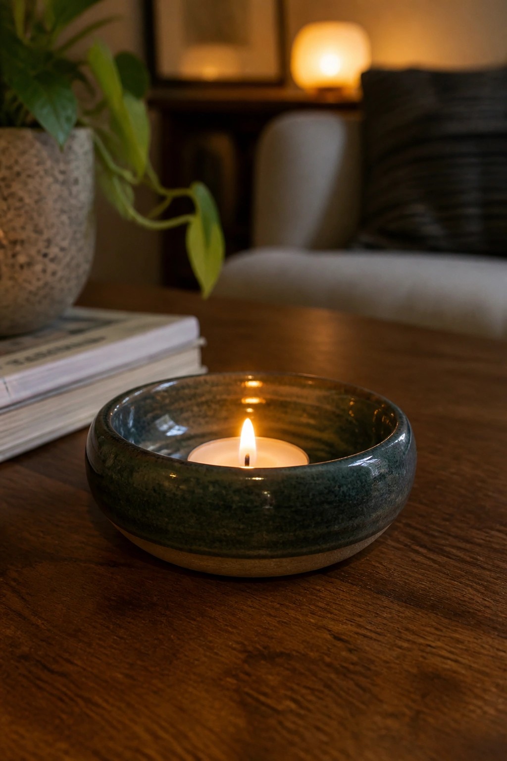 Lit candle in green ceramic bowl on wooden table with books and plant